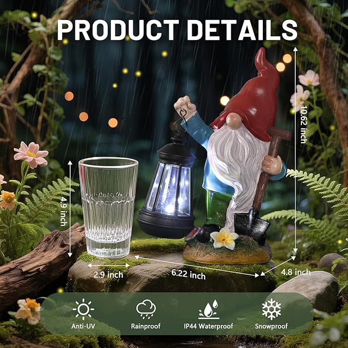Gnome Garden Decor Statue with Lantern, Solar Gnomes Outdoor Decorations with LED Lights, Lawn Decor Yard Ornament for Patio Balcony, Mother's Day Birthday Gift for Mom Grandma