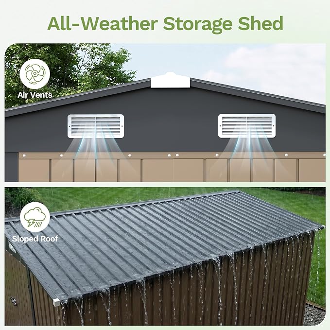 Patiowell 10 x 12 FT Outdoor Metal Storage Shed, Heavy-Duty Shed Storage with Lockable Doors and Steel Frame, Utility Tool Outside Large Storage Shed for Garden, Patio, Backyard, Brown