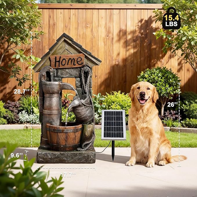 Solar Outdoor Water Fountain with Pump and Water Well 28.7 Inch High Rustic Barrel Cascading Waterfall Fountain, 3-Tier Garden Water Feature for Patio, Backyard, Yard & Outdoor Decor
