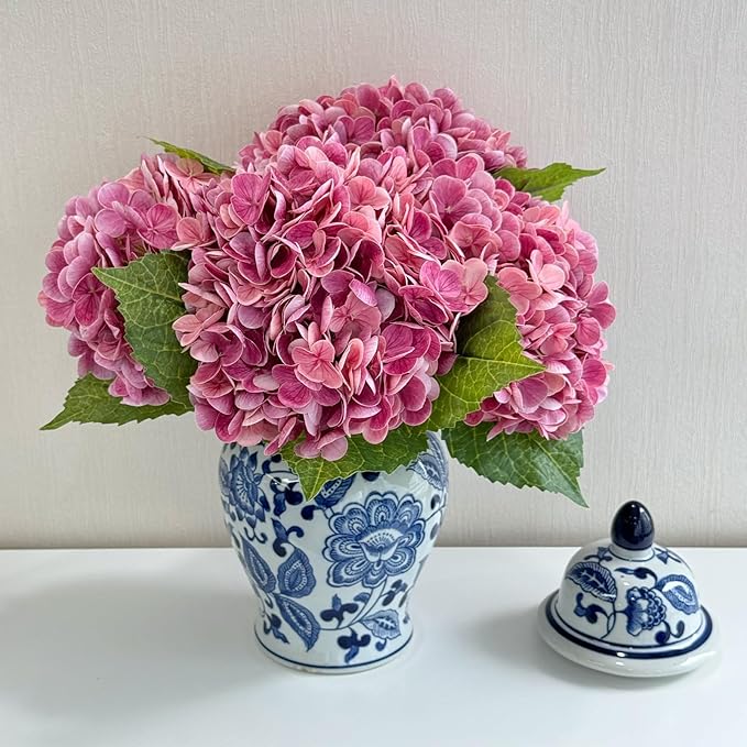 ZYTUYO 4 Pcs Real Touch Magenta Hydrangeas Artificial Flower 21 inches Realistic Faux Latex Hydrangeas Flower for Home Decor Kitchen Living Room Spring Table Wedding Xmas Arrangement