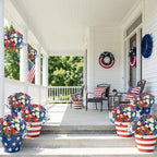 Hananona 2 Set Artificial Outdoor Flowers with Hanging Basket, 2 Hanging Planters with 24 Pcs Patriotic Flowers for Summer Front Porch Patio 4th ofJuly Decor (2, Red, White, Blue)