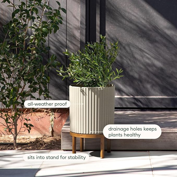 Veradek Demi Series Round Planter w/ Stand for Porch/Patio | Durable Plastic-Concrete & Wooden Stand | Modern Décor for Tall Plants, Flowers