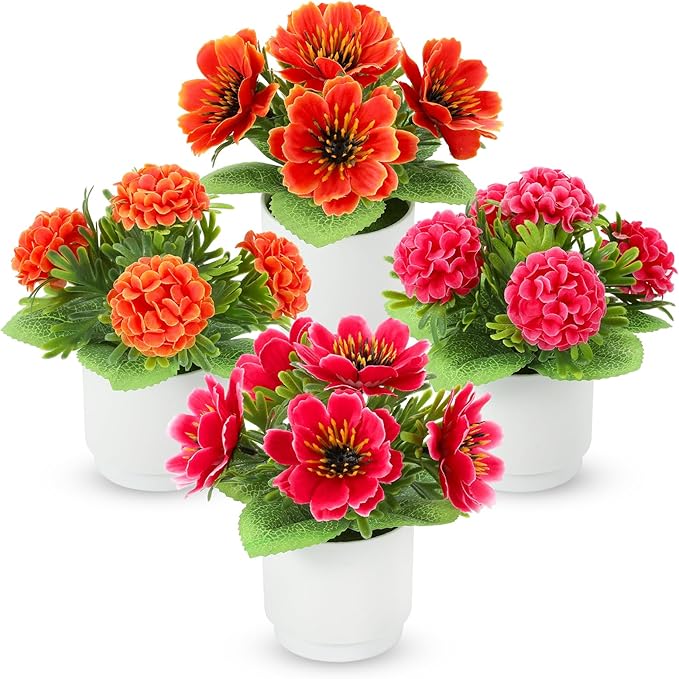Artificial Plants Set of 4，High Rating Artificialke Flowers|Red Silk Flowers for Home, Office, Bedroom, Bathroom Table Décor & Gifts for Women and Children