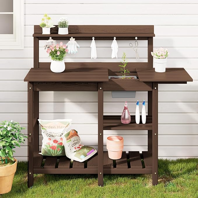 SERWALL Outdoor Potting Bench with Removeable Sink,Rot-Resistant HDPE Potting Table for Outside Gardening, All Weather Use - Coffee
