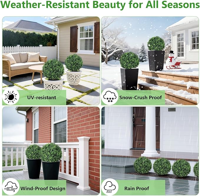26 inch Height Artificial Boxwood Ball Bush with Ground Spikes, Set of 4 UV Resistant Faux Boxwood Ball Trees for Outdoors, Fake Evergreen Shrubs Bushes Plants for Garden Patio Front Door Balcony