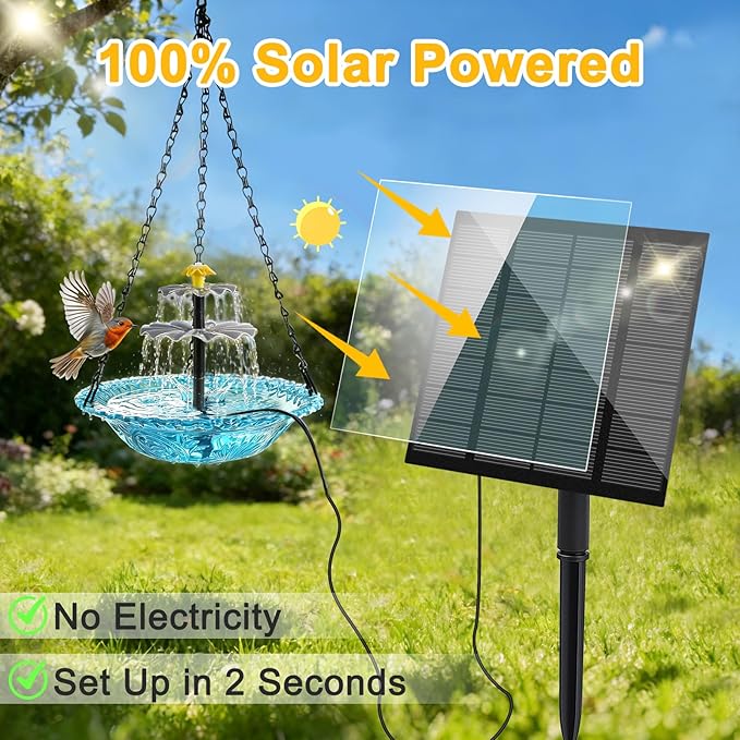 Yeomi Solar Fountain for Bird Bath, Solar Cascade Hanging Bird Bath Fountain, Large Hummingbird Bath with Solar Pump & Clear Blue Bowl, Outdoor Garden Decor