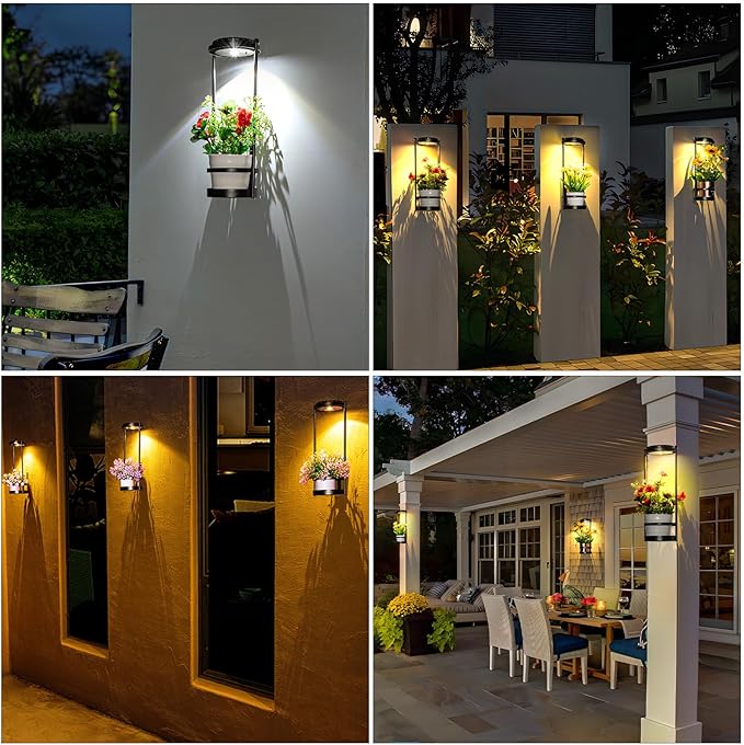 Solar Floor Lamps with Plant Stand, 3 Color Temperatures Solar Outdoor Lights, Metal Hanging Plant Holder Outdoor Wall Sconce for Garden Yard Patio Balcony (Black)