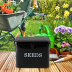 Seed Storage Organizer, T-Shape Compartment Seed Box with Safety Lock, Metal Seed Saving Box, Portable Seed Bin Container with Handle, Including 2 Pens 20 Plant Labels 50 Seed Envelopes-Black