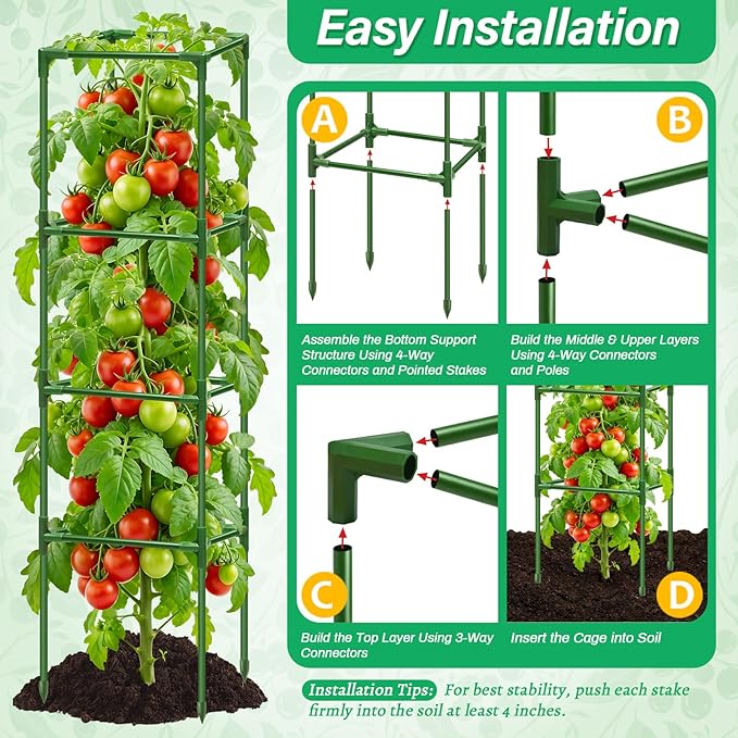 6 Pack Square Tomato Cages for Garden, 60 Inch Adjustable Tomato Stakes, Metal Tomato Trellis, Garden Plant Support for Potted Climbing Plants, Vegetables Flowers Fruits, Raised Garden Bed