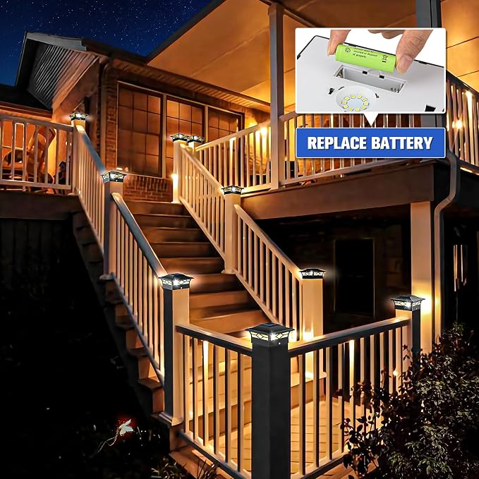VOLISUN Solar Post Cap Lights: 8 - Pack Outdoor Deck Post Cap Lights Black for Dock Fence Waterproof 2 Color Modes,4x4/6x6 Wooden/Vinyl Posts