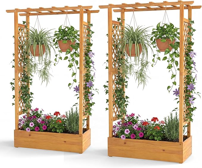 Happygrill 70" Raised Garden Bed with Trellis, 2 Pack Wood Planter Box w/Hanging Roof, 2 Side Trellises, Open-Ended Base for Flower, Climbing Plant, Plant Container for Garden