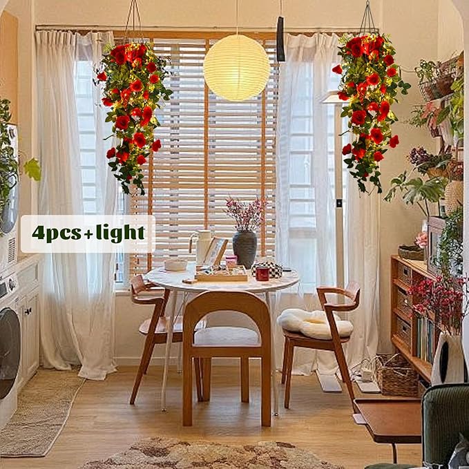 RECUTMS Hanging Rose Flowers Artificial Vines for Outdoors with 30 LED Fairy String Lights Indoor Home Garden Wall Wedding Valentines Day Decorations Rose (Red)