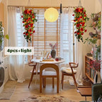 RECUTMS Hanging Flowers Artificial Hanging Rose Flower 2PCS 3.3Ft for Outdoors with 30 LED Fairy String Lights for Indoor Wall Wedding (Red)