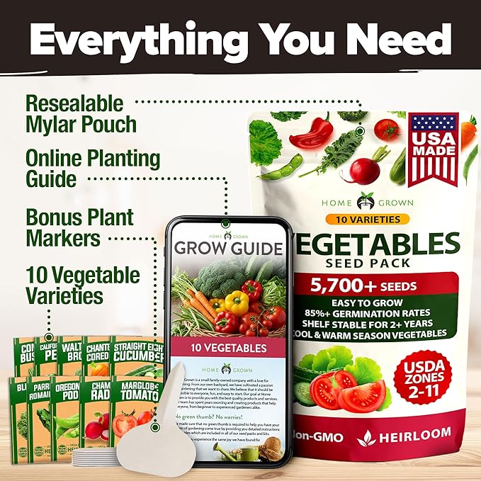 HOME GROWN 10 Variety Survival Seed Vault 2000+ USA Grown Heirloom Non-GMO Vegetable Seeds for Planting, High Germination, Garden Starter Kit, Emergency Food Supply, Indoor Outdoor