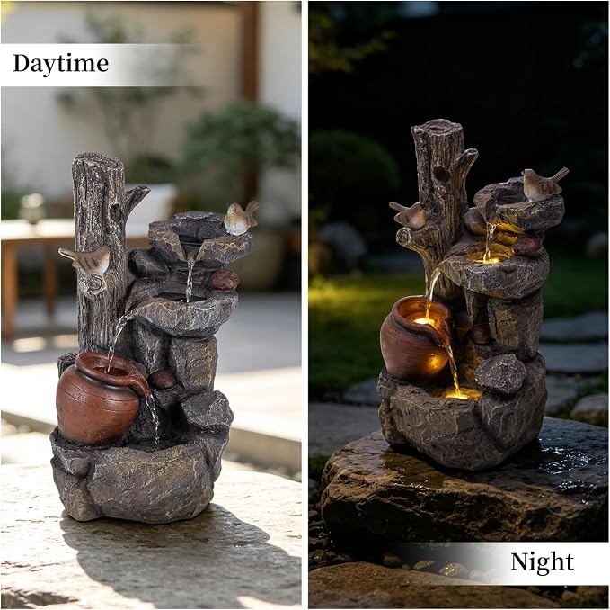 18.9" H Water Fountain Outdoor/Indoor, Garden Fountain with LED Lights, Rock Pottery Jar Waterfall Fountain for Patio Porch Yard Backyard Farmhouse