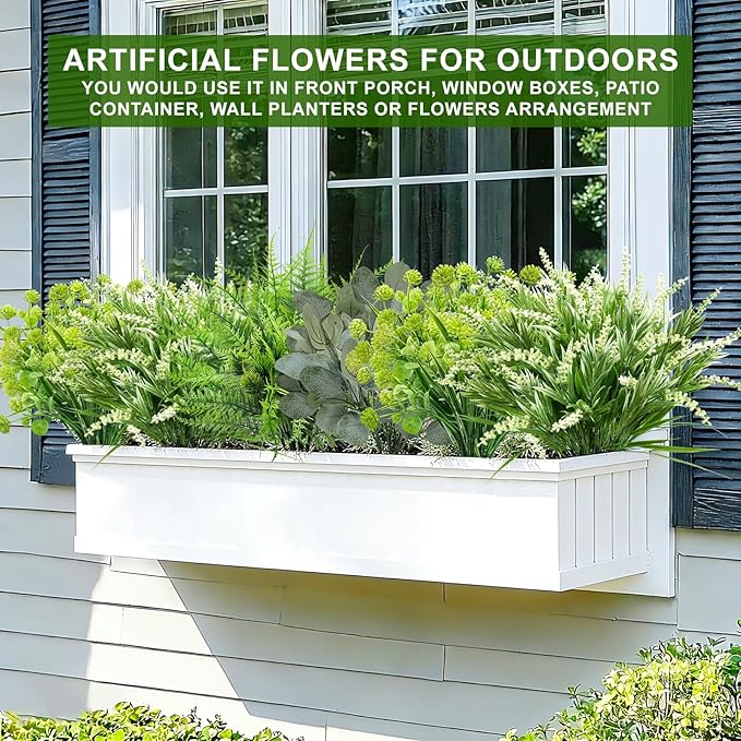 12 Bundles 4 Styles Artificial Plants Outdoor, UV Resistant No Fade Artificial Flowers Faux Plants Fern Lavender Eucalyptus Plastic Greenery Shrubs for Outside Porch Garden Home Spring Summer Decor