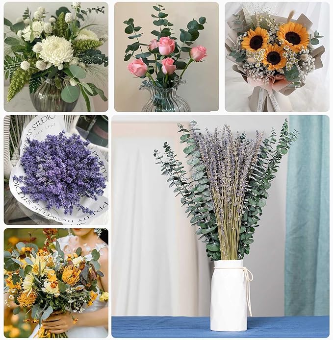 115 PCS Mixed Dried Eucalyptus Stems with Lavender Flowers Bundle for Shower, 17'' Natural Eucalyptus Leaves Branches Hanging Shower Plant for SPA Home Fragrance Bathroom Table Vase Decor
