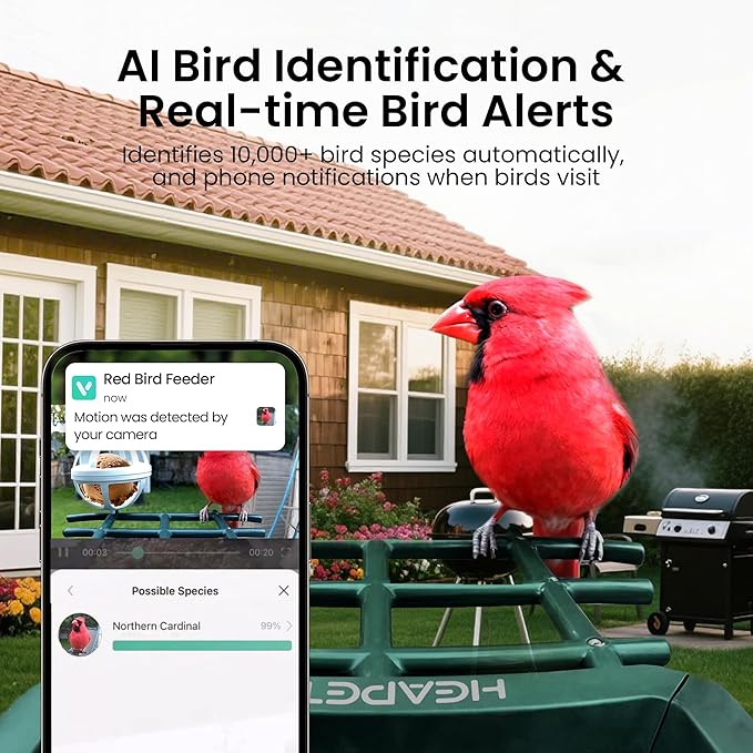 HEAPETS Bird Feeder with Camera Solar Powered, 3K HD Video, AI Bird Recognition, Auto Capture with Instant Notifications, IP65 Weatherproof, Gifts for Fathers Day, Brown