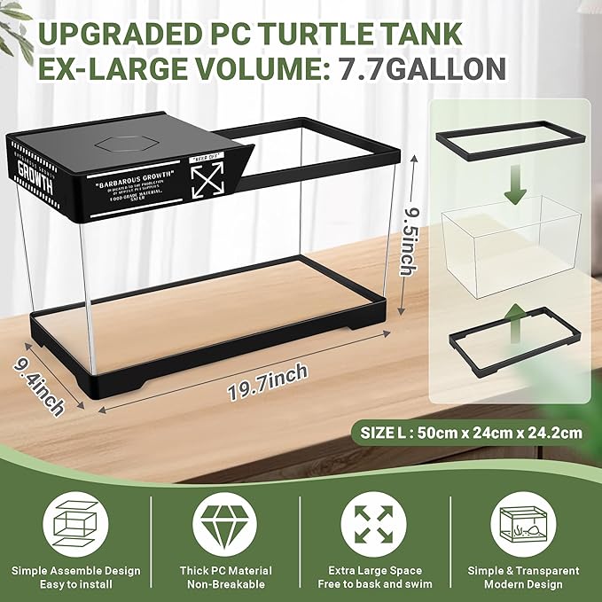 GOZILLA Turtle Tank Kit(Tank+Lamp+Filter), Upgrade PC Turtle Tank Starter Kit with Adjustable Lamp & Filter, Reptile Hideout Habitat with Lid for Small Reptiles.(19.68× 9.52× 9.44''/Large-Black-Kit)