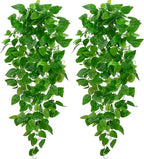 BLEUM CADE 2Pcs Fake Hanging Plants, 9 Branch Artificial Hanging Plant, Lush Faux Pothos Vines for Home Room Wall Shelf Porch Outdoor Indoor Decor (No Baskets)