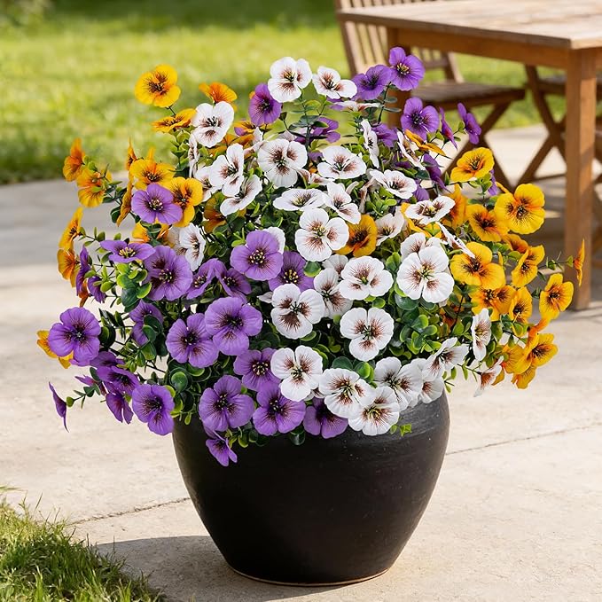 17 Inch Artificial Faux Pansy Flowers for Outdoor,Fake Pansies Flowers with Eucalyptus Leaves Fake Plants Greenery Boxwood Porch Patio Decor 6 Bundles(Light Purple,Dark Yellow,White)