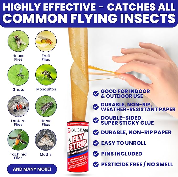 Fly Strips Indoor Sticky Hanging 48pk with Pins. Non Toxic Outdoor Fly Trap Indoor for Home. Flies Tape Paper Trap Ribbon Roll for House Gnat Fruit and Housefly. Bug Catchers for Inside Home Flypaper.