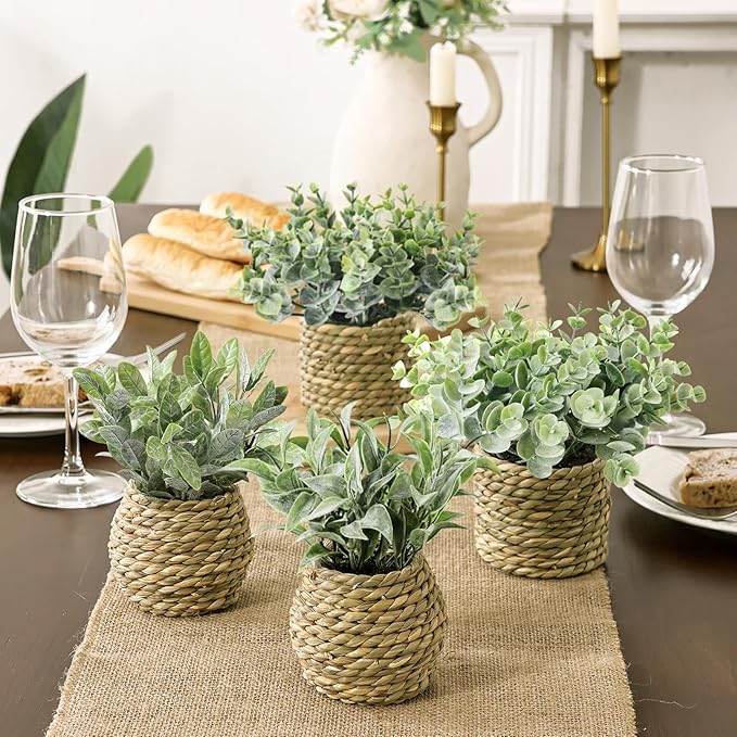 Small Fake Potted Plants: 7 Inches Artificial Plants with Seagrass Handwoven Planters, Indoor Farmhouse Spring Decorations, Eucalyptus Plant for Home Bathroom Office Shelf Tabletop Desk Room Decor