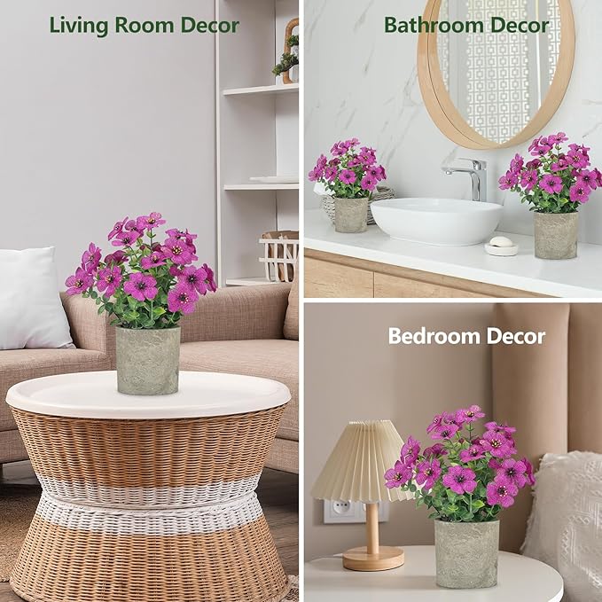 2 Pack Small Fake Plants Potted Artificial Plants Artificial Flowers Potted Faux Flower Daisy with Eucalyptus Leaves for Home Decor Office Room Farmhouse Indoor Table Bathroom Decor（Purple）