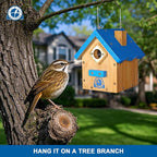 SISTERBIRD Wren Bird House for Outside, Premium Wooden Wren Bird Houses, Hanging Chickadee Bird House, Weatherproof Garden Decor Birdhouses for Outdoors, Blue Color Roof Bird Nesting Titmouse