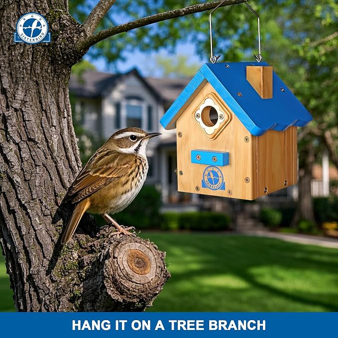 SISTERBIRD Wren Bird House for Outside, Premium Wooden Wren Bird Houses, Hanging Chickadee Bird House, Weatherproof Garden Decor Birdhouses for Outdoors, Blue Color Roof Bird Nesting Titmouse