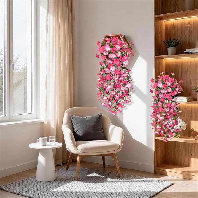 Artificial Fake Hanging Flowers Plants for Outdoor Spring Decoration,2 PCS Faux Silk Morning Glory with Eucalyptus Leaves,UV Resistant Realistic Trailing Vines for Balcony Porch Patio Yard Garden