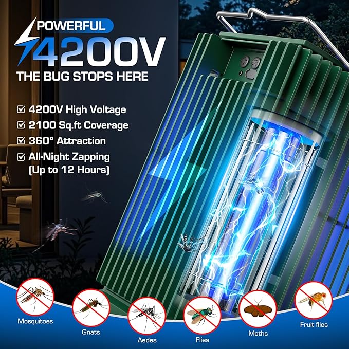 Solar Bug Zapper Outdoor, Waterproof Mosquito Zapper Type-C & Solar Powered, Auto On/Off, Cordless 4200V Electric Fly Zapper, 5000mAh Rechargeable Mosquito Trap Killer for Patio Backyard Camping
