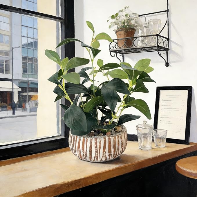 Artificial Potted Plants Life-Like Fake Plant with Farmhouse-Style Cement Planter Feturing Light Wood Tone for Room Bathroom Bedroom Kitchen Office Dese Coffee Table Décor (12.8inch)