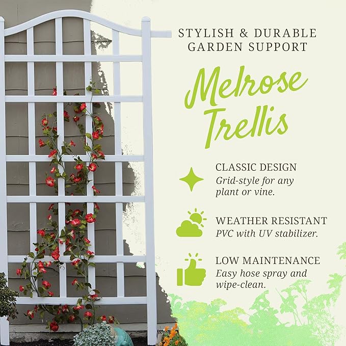 Dura-Trel Melrose Vinyl Garden Trellis, Outdoor Plant Support PVC Grid, White, 35" x 75" - Wall Mount with Steel Ground Anchors for Climbing Vine, Flower, and Vegetable Plants