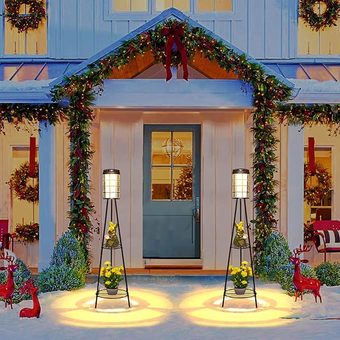 Solar Floor Lamps with Metal Tripod Plant Stand, 45.4 inches Waterproof Solar Powered Outdoor Lights for Patio, Porch, Deck, Yard, Garden Decor (2 Pack)