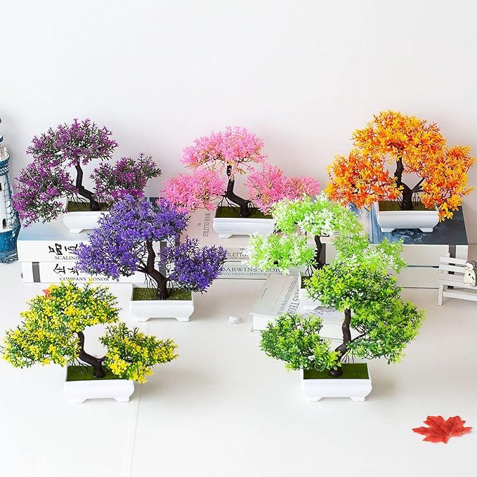 Mini Artificial Bonsai Tree Plants Artificial Plant Welcome Pine Tree with Plastic Cement Pots for Home Office Décor (Yellow)