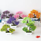 Mini Artificial Bonsai Tree Plants Artificial Plant Welcome Pine Tree with Plastic Cement Pots for Home Office Décor (Yellow)