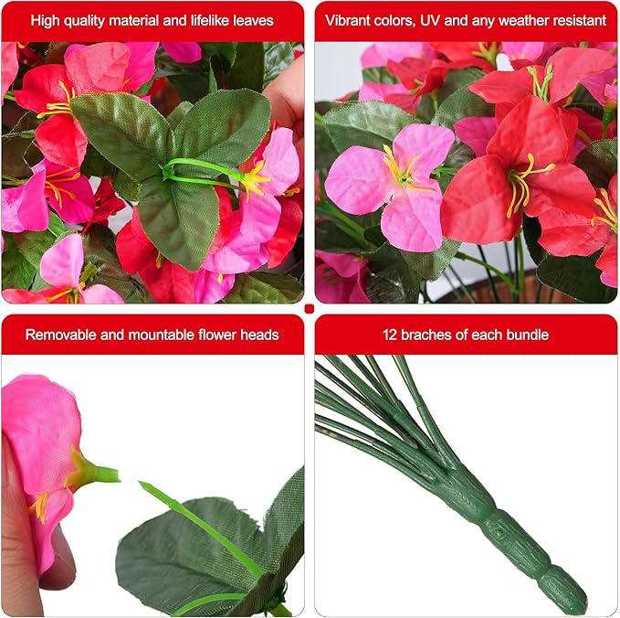 INSPRING Faux Bougainvillea Artificial Flowers for Outdoors, 4 Bundles Fake Bougainvillea Realistic Silk Flowers for Outside UV Resistant Outdoor Plants for Porch Patio Window Box Garden Home Decor