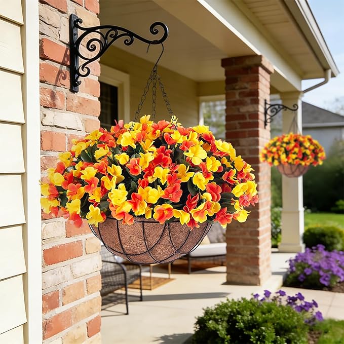 INXUGAO Artificial Hanging Flowers with 12" Basket for Outdoor Decor, Fake Hydrangea UV Resistant Arrangements in Pot Planter Decor for Spring Summer Porch Garden Yard(OrangeYellow)