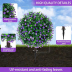 Artificial Purple Flower Topiary Ball Trees with Ground Spike, Set of 2 UV Resistant Artificial Shrubs, Fake Evergreen Artificial Plant Bushes for Indoor Outdoor Front Porch Garden