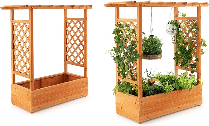 LDAILY Raised Garden Bed with Trellis, Above Ground Garden Bed with Hanging Roof, Side Trellis, & 4 Drainage Holes, Planter Box for Outdoor Climbing Plants Vines Flowers (2, 43.5"L x 17.5"W x 44.5"H)