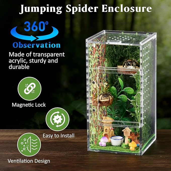 Jumping Spider Enclosure Kit, Small Acrylic Reptile Terrarium with Magnetic Door, Bug Habitat with 30 Pcs Jumping Spider Accessories for Tarantula, Mantis, Small Reptiles, 4" x 4" x 8"