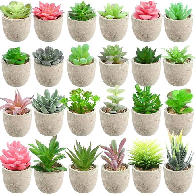 24 Pack Assorted Artificial Succulents in Retro Pulp Pots Bulk Fake Succulent Plants with Vintage Stone-Like Paper Pulp Pots Variety Set for Home, Office & Desk Decor (Various Style)
