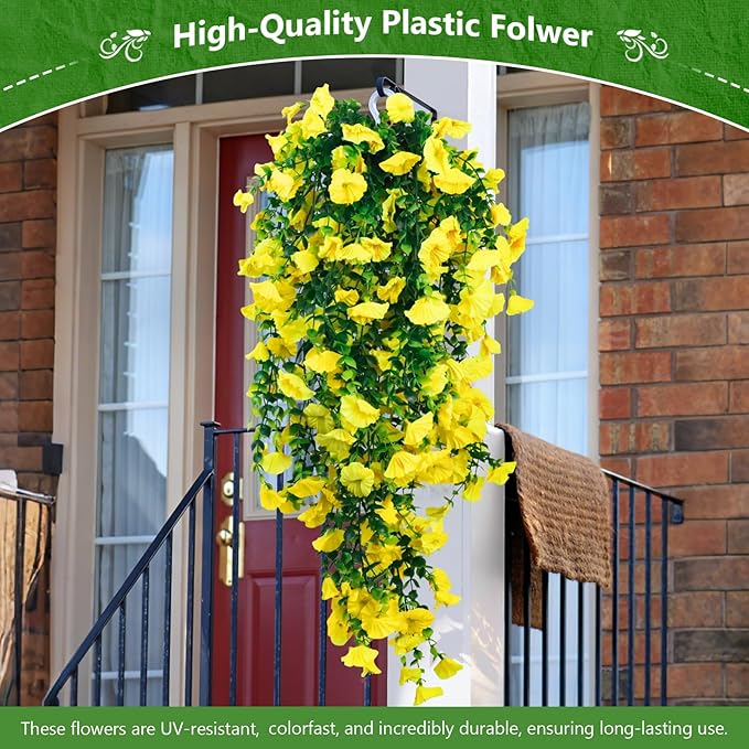 4-Pack Fake Hanging Plants, Faux Hanging Plant Artificial Greenery for Living Room Bedroom Boho Wall Shelf Indoor Outdoor Decor (Yellow Morning Glory)