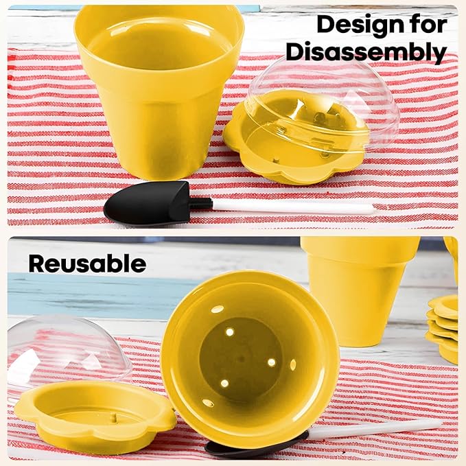 20 Pcs Nursery Pots with Humidity Dome, Flower Pot Dessert Cups with Bring A Plate and Shovel, Planting Cups for Seeds for Indoor Gardening and Plant Propagation(Yellow)