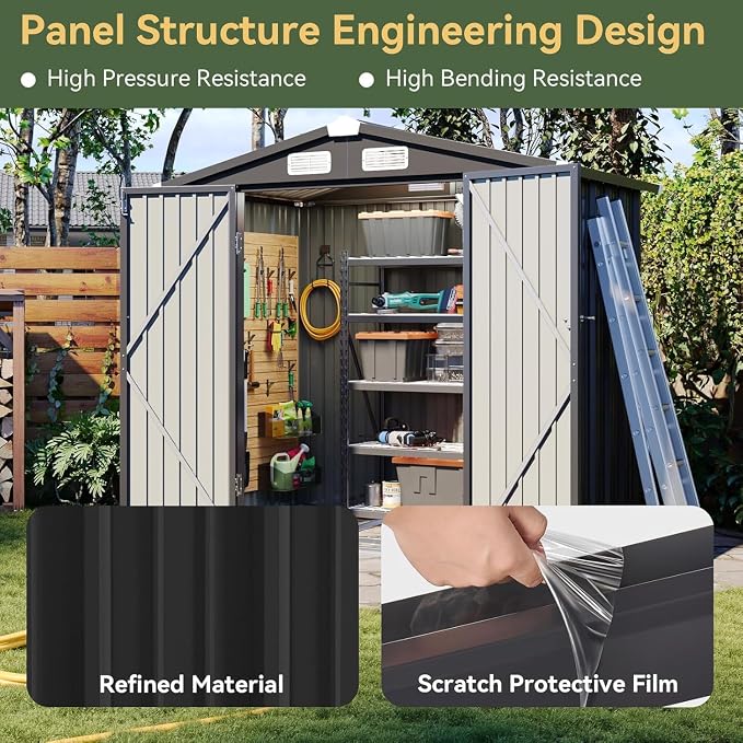 Aoxun 6' x 4' Outdoor Metal Storage Shed with Galvanized Steel Base, Heavy-Duty Garden Tool Shed for Patio, Lawn, and Garden, Black