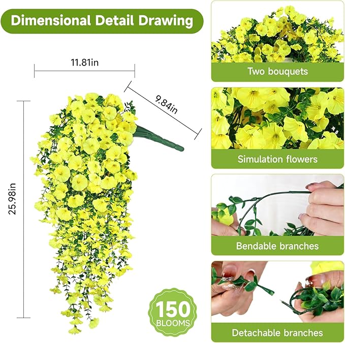 Artificial Hanging Flowers for Outdoors, 4 PCS 600 Blooms UV Resistant Morning Glory Faux Silk Vines, No-Odor Realistic Fake Plants for Garden Planter Porch Patio Decoration, Yellow