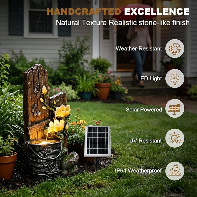 30.7" H Solar Water Fountain Outdoor Garden, Rustic Tiered Magnolia Flower & Bucket Waterfall with 4000mAh Battery Backup, Warm LED Lights & 5W Solar Panel for Patio, Porch, Backyard and Home Decor