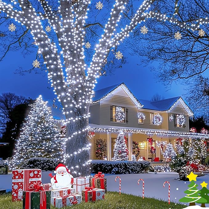 JMEXSUSS 200 LED White Christmas Lights Outdoor, 66ft Connectable Christmas Tree Lights Indoor Green Wire, 8 Modes Waterproof Twinkle String Lights Plug in for Wedding Party Xmas Decorations