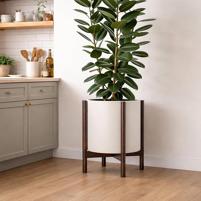 D'vine Dev Planter Pot with Stand - 14 Inch Plastic Cylinder Flower Pot with Wood Planter Holder for Indoor, Oatmeal Pot + Walnut Color Stand, 55-C-R-3